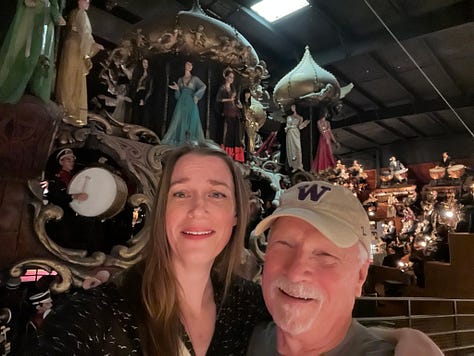 Linea driving and giving a peace sign, Linea presenting on a stage, Linea and her dad smiling and wearing sunglasses, the Northern Lights, Linea making a scared face next to her smiling dad at The House on the Rock, Linea and two friends in front of a hot air balloon.