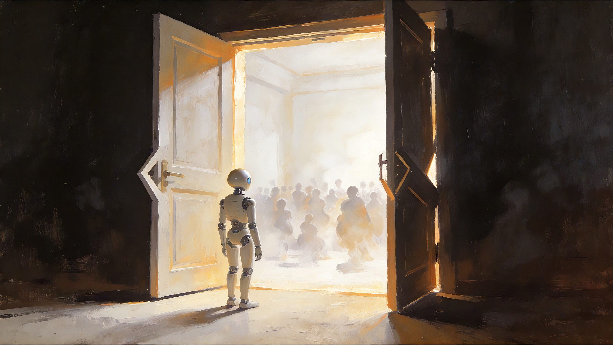 A painting in warm oils. A small pale humanoid robot stands alone at an open double doorway, seen from behind, looking into a bright golden room. The room is flooded with light, and a crowd of people inside is dissolved into the glow, present but too washed out to make out. The robot is the only solid, clearly drawn figure in the frame.