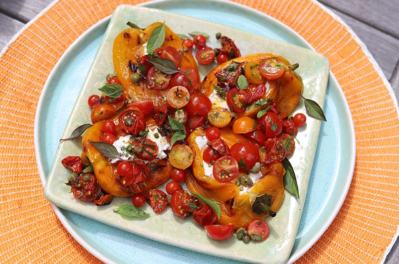 Grill-Roasted Bell Peppers with Goat Cheese and Cherry Tomato Dressing, Cook the Vineyard