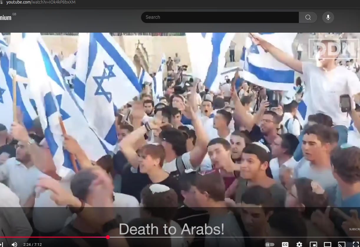 Screenshot from a video showing Israeli nationalists reported to be chanting Death to Arabs