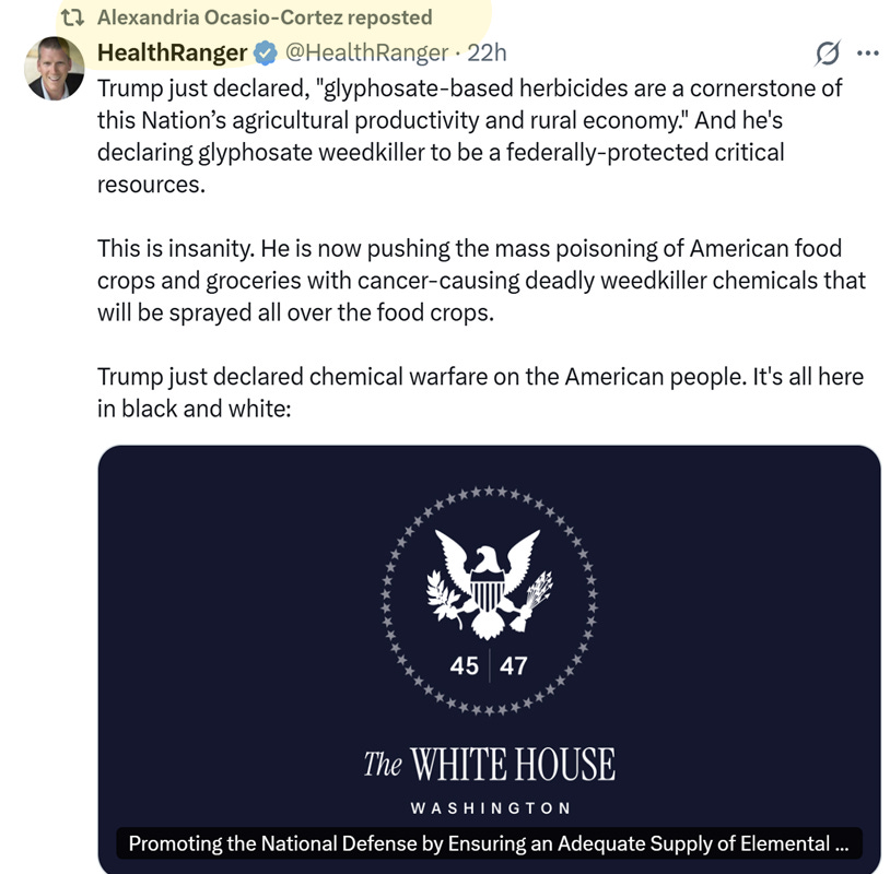 The image shows a tweet by Alexandria Ocasio-Cortez criticizing President Trump's stance on glyphosate-based herbicides, accusing him of endorsing mass poisoning of American food crops.

AI-generated content may be incorrect.