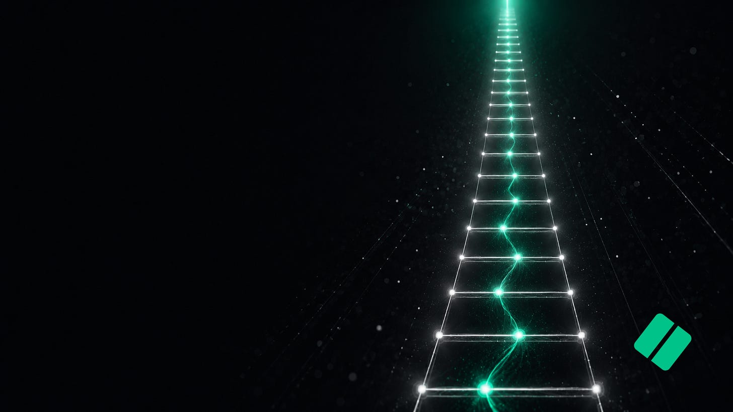  Líneas verdes de datos que ascienden sin saltarse peldaños, metáfora del mantenimiento del ascensor conectado