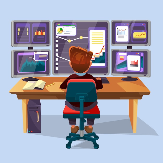 Vector cartoon trader, financial analyst workplace | Premium Vector