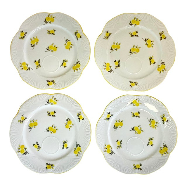 1950s Vintage Chippendale Boho Chic Yellow Rose Dessert Plates - Set of 4 For Sale