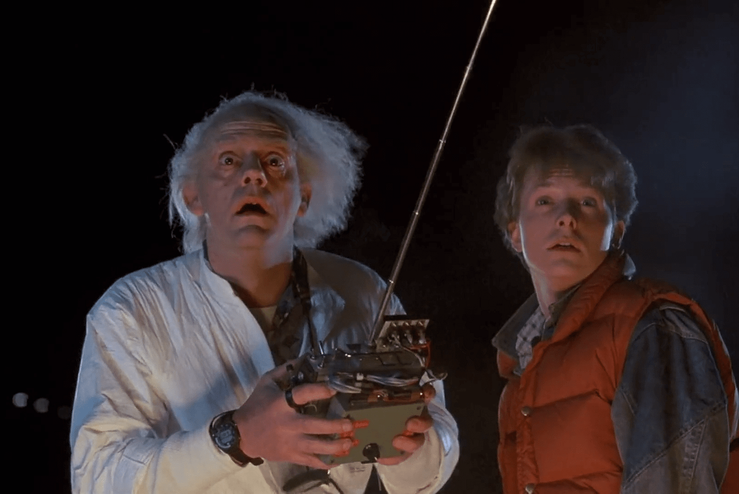 Doc Brown (Christopher Lloyd) and Marty McFly (Michael J. Fox) send a dog one minute into the future, and a modern classic is born.
