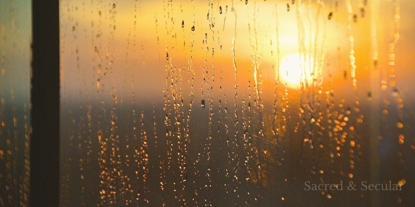 Rain droplets on a window with warm golden sunlight shining through, creating a calm, reflective atmosphere.