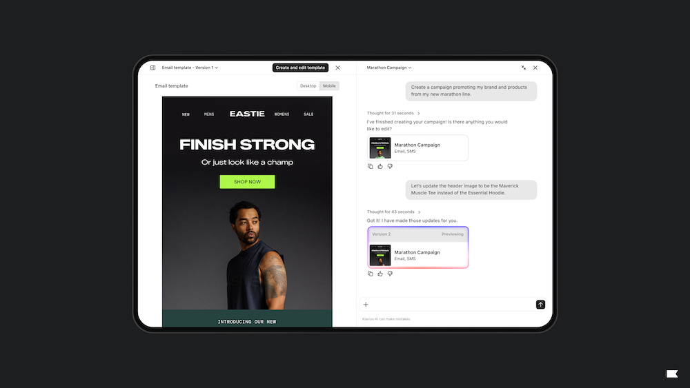 Split-screen showing a Klaviyo email template on the left and Composer's AI chat interface on the right, used to create and edit the campaign