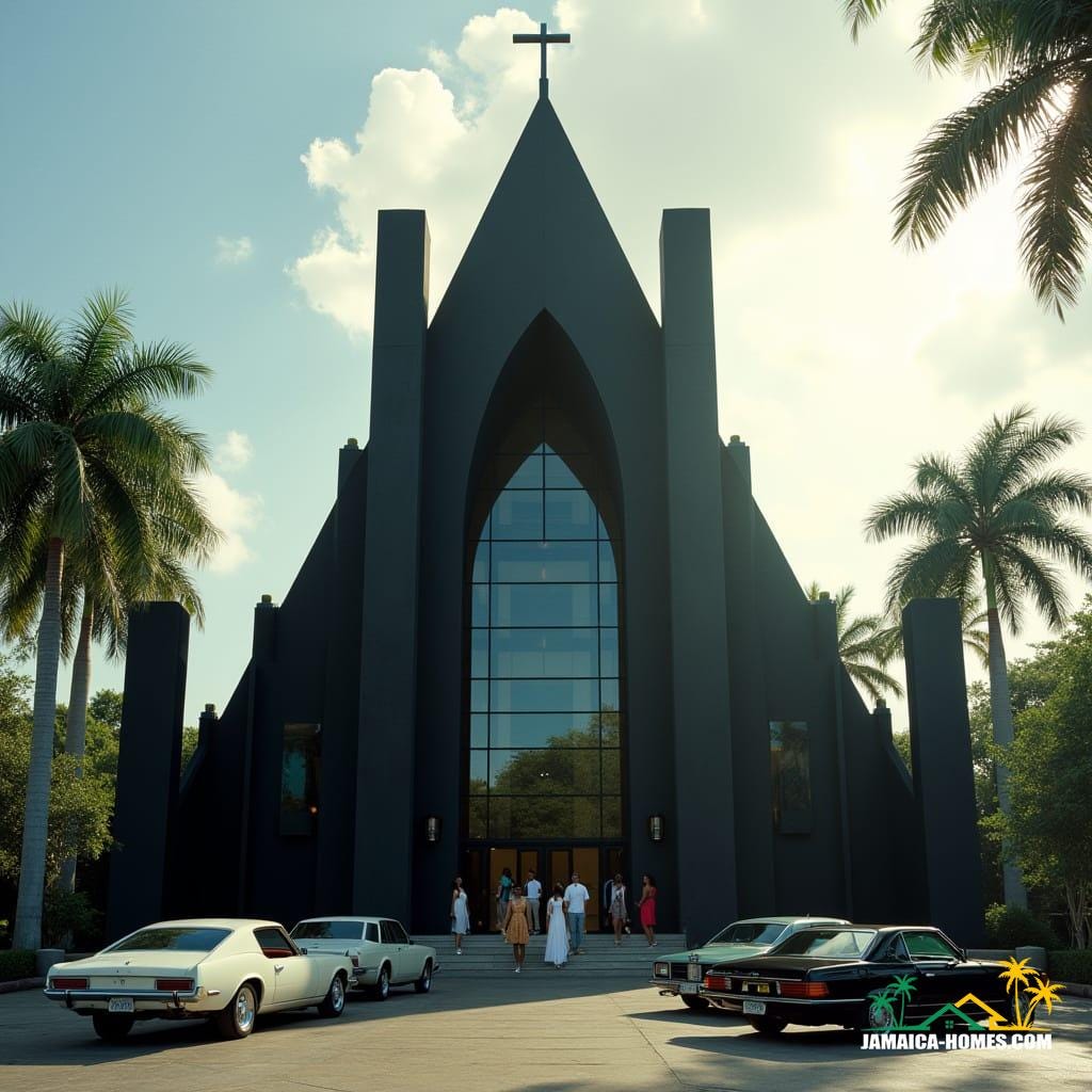 A striking all-black modern gothic church with protruding square features, set in Kingston, Jamaica. Contemporary cars are parked outside, and elegantly dressed Jamaicans and some white people are entering. Sunlight streams down, illuminating palm trees and the abundant glass elements of the architecture. Cinematic film still, shot on v-raptor XL, with film grain, vignette, color grading, post-processing, cinematic lighting, and 35mm film. Live-action, best quality, atmospheric, a masterpiece, epic, stunning, dramatic.