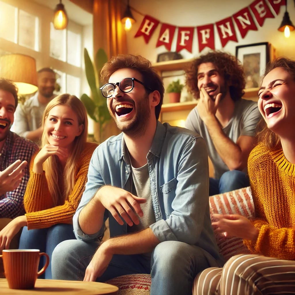 A playful and light-hearted scene featuring a group of friends laughing together in a cozy, inviting environment, like a living room or cafe. One person is telling a joke, and the others are reacting with smiles and laughter. The setting is warm and casual, with colorful details such as coffee cups, soft lighting, and a relaxed atmosphere that highlights the joy of shared humor. The scene should capture the friendly, easygoing vibe of people having fun with clever jokes and witty conversations.