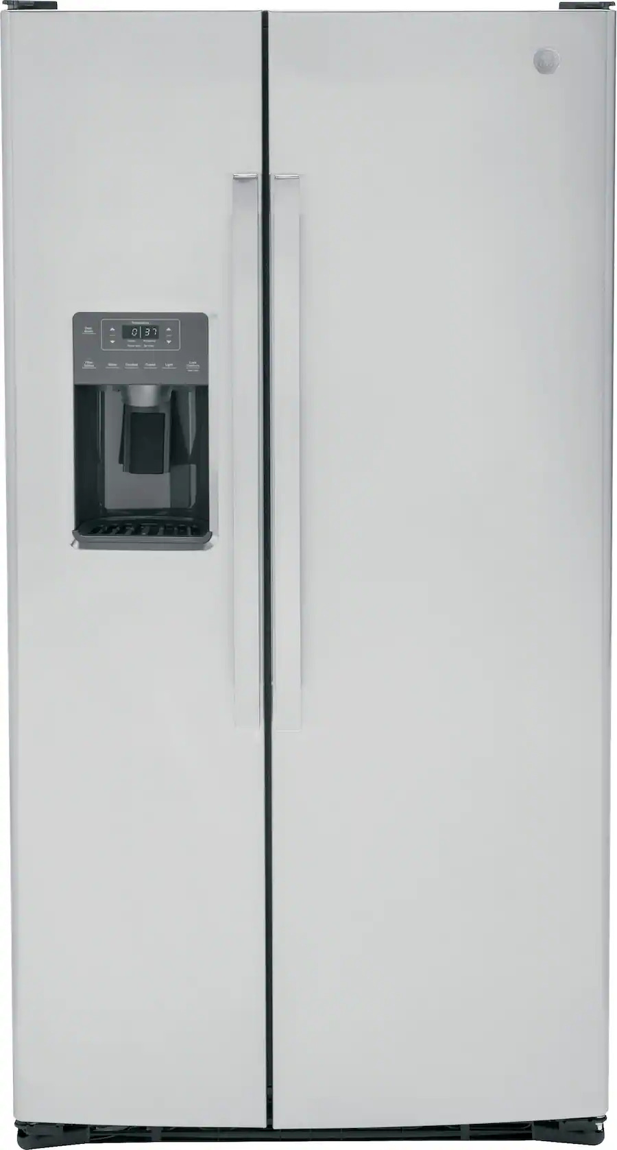 Front. GE - 25.3 Cu. Ft. Side-by-Side Refrigerator with External Ice & Water Dispenser - Stainless Steel.
