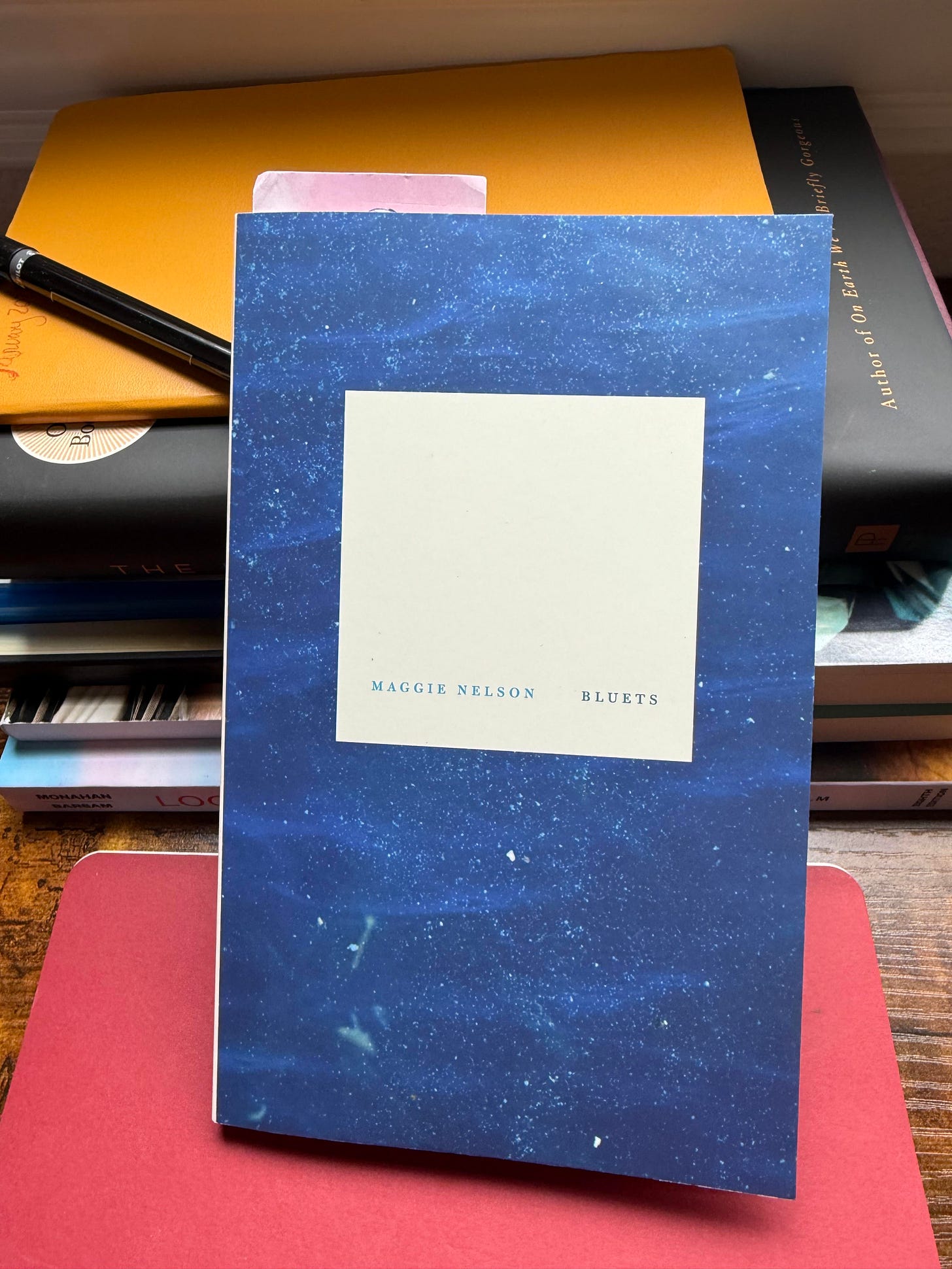 Paperback copy of Bluets standing with books stacked in background and red journal in front. 