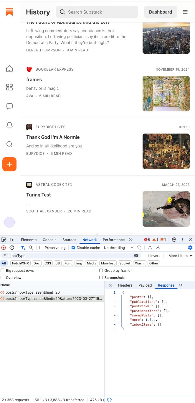 Substack History page scrolled to the bottom. The last item was published on March 27, 2023. Chrome's Developer Tools panel is open to the Network tab, filtered to requests containing the parameter `inboxType`. There are only two such requests, one with no `after` parameter and one with `after` set to a time on March 27, 2023. Substack History page scrolled to the bottom. The last item was published on March 27, 2023. Chrome's Developer Tools panel is open to the Network tab, filtered to requests containing the parameter `inboxType`. There are only two such requests, one with no `after` parameter and one with `after` set to a time on March 27, 2023.