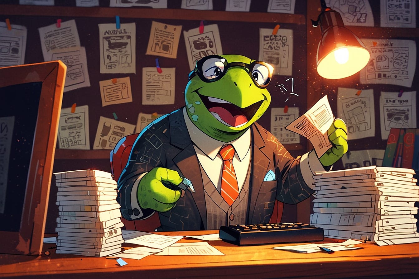 A cheerful anthropomorphic turtle wearing a tiny business suit and oversized glasses, sitting at a vintage wooden desk overflowing with scrolls of paper and glowing newsletters. The turtle is typing furiously on a mechanical keyboard with tiny clawed fingers, surrounded by floating envelopes, coffee mugs, and mini robots reading newsletters with magnifying glasses. Warm cozy office lighting, bookshelves stuffed with rolled-up newsletters in the background, a small chalkboard reads "SHIP IT." Fun, whimsical, high detail, vibrant colors, cartoon style.