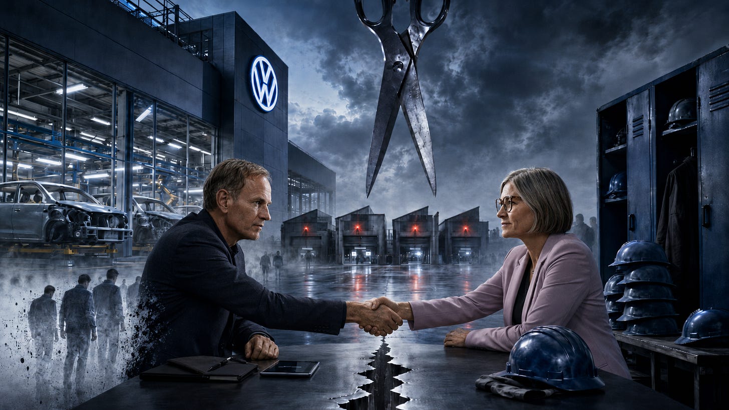 Illustration montrant Oliver Blume à gauche et Christiane Benner à droite se serrant la main devant une usine Volkswagen. De gigantesques ciseaux suspendus au-dessus d’eux symbolisent les suppressions de postes, tandis que des ouvriers s’éloignent et que quatre bâtiments industriels apparaissent à l’arrière-plan. Ilustración en la que Oliver Blume, a la izquierda, y Christiane Benner, a la derecha, se estrechan la mano ante una fábrica de Volkswagen. Unas tijeras gigantes suspendidas sobre ellos simbolizan los recortes de empleo, mientras varios trabajadores se alejan y cuatro edificios industriales aparecen al fondo.