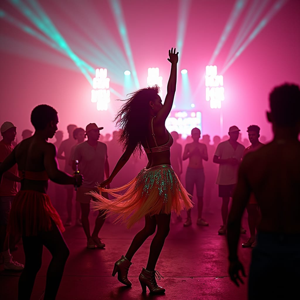 Vibrant dancehall scene in the heart of Kingston's ghettos, a sea of energetic partygoers lost in the rhythm, as a dancer in a bold, iridescent costume takes center stage, showcasing mesmerizing moves under a kaleidoscope of flashing lights. The air is electric, with massive speaker systems pulsating in the background, as the crowd's collective energy is palpable.