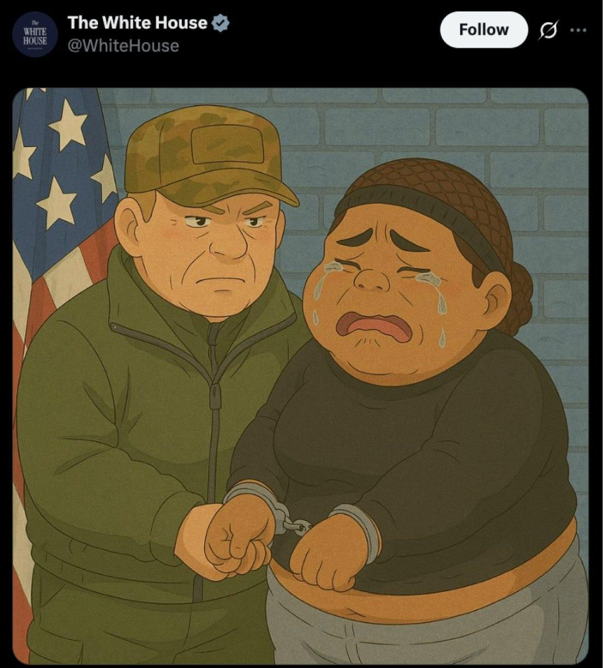 Esta publicación de la Casa Blanca utilizó inteligencia artificial para recrear una fotografía de una mujer dominicana llorando durante su arresto migratorio en el estilo de animación de Studio Ghibli.