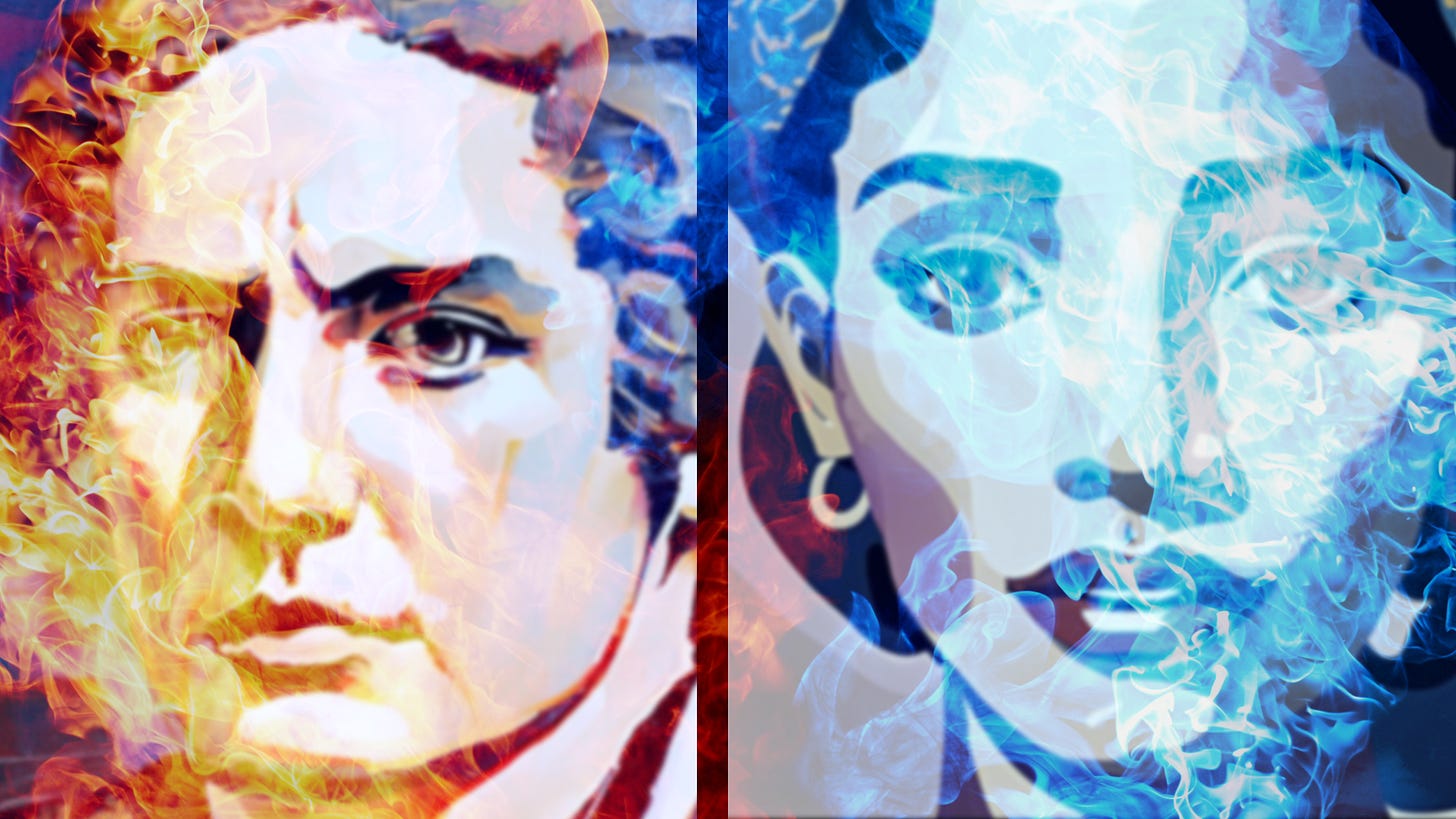 Two portraits side by side of Napoleon rendered in red flames (left) and Joséphine rendered in blue flames (right)