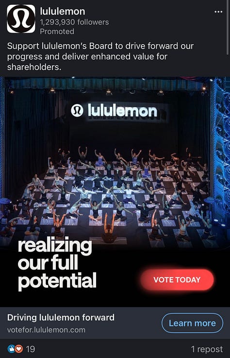 three screenshots of LinkedIn ads by Lululemon encouraging people to vote in the shareholder vote about board of directors
