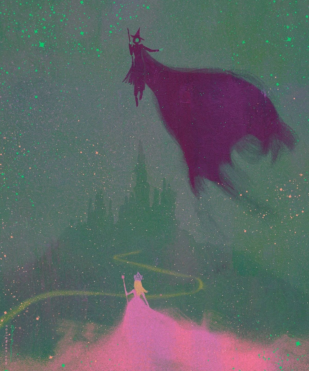 A stylized, dreamy illustration of a glowing landscape. A dark, caped figure with a pointed hat floats high in the sky, while a smaller figure in a long pink gown and crown stands on the ground holding a wand. A winding golden path leads toward a shadowy castle in the background under a star-filled sky.