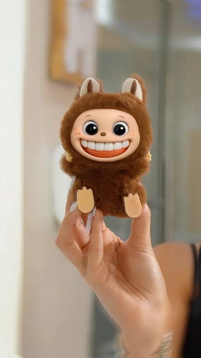 Hand holding a small brown plush goblin‑like toy with pointed ears, wide grin and dangling tag, illustrating consumer‑culture nostalgia.