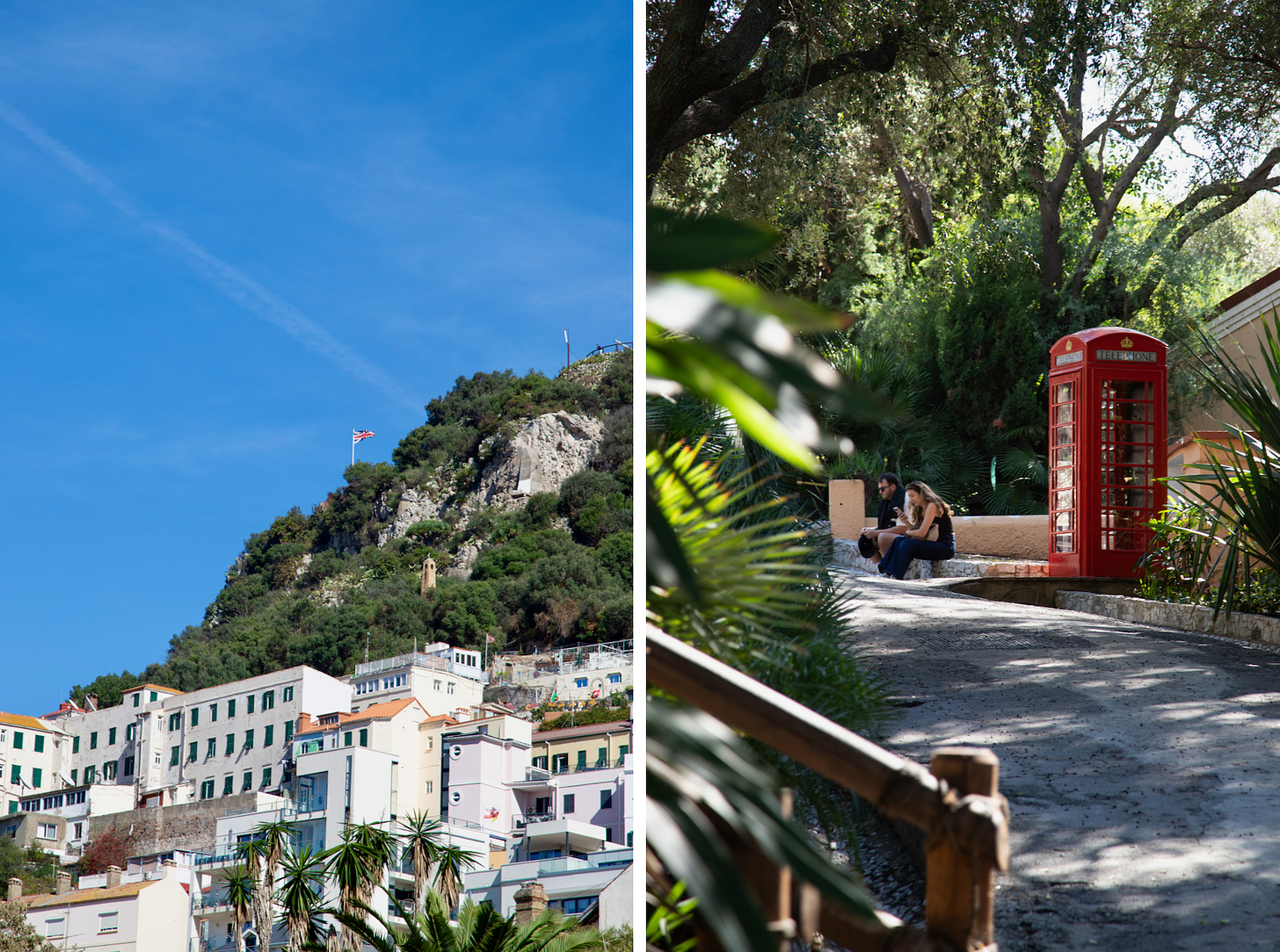 The Rock of Gibraltar rising above the town with a Union Jack flag flying at the summit; a red British telephone box in the Alameda Gardens, Gibraltar The Rock of Gibraltar rising above the town with a Union Jack flag flying at the summit; a red British telephone box in the Alameda Gardens, Gibraltar