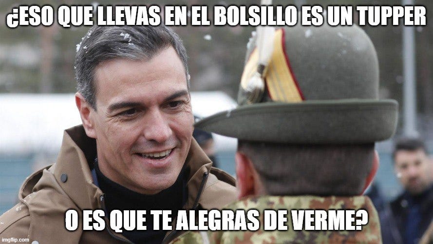 Fotografía del presidente Sánchez pasando revista a los militares. Texto sobreimpreso: "¿Eso que llevas en el bolsillo es un tupper o es que te alegras de verme?".