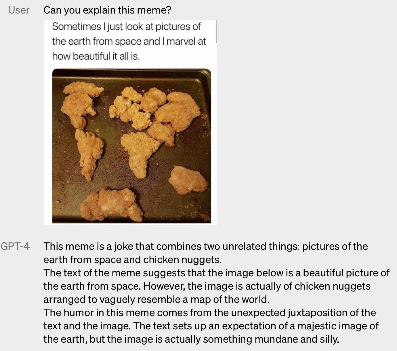 Imagem de exemplo do GPT-4 explicando um meme com referência em uma imagem.