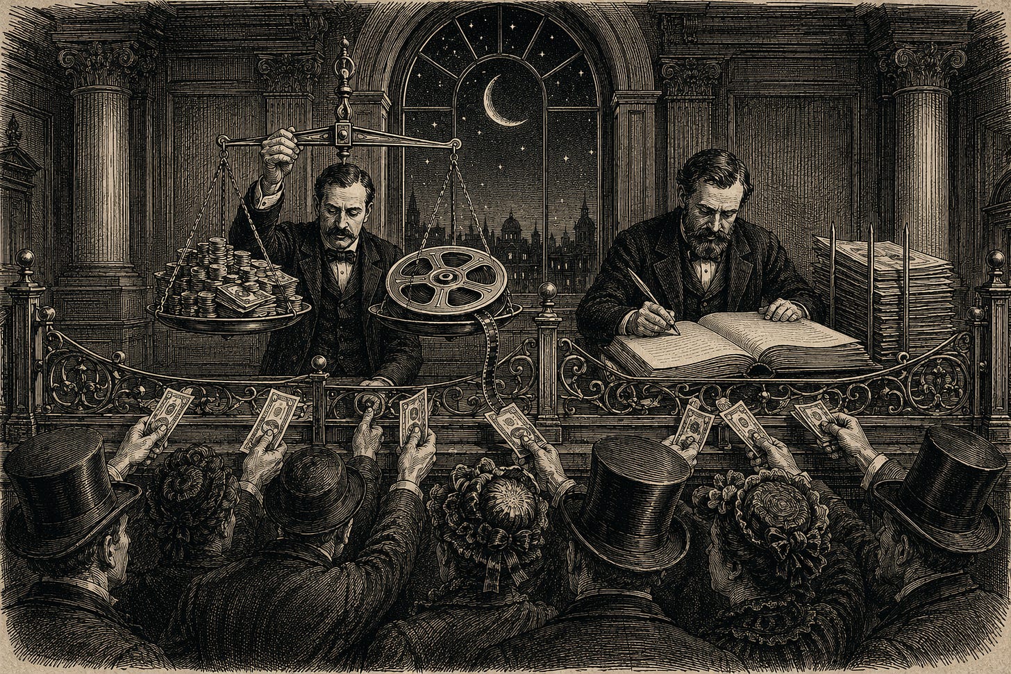 Wood-engraving editorial illustration in the Thomas Nast Harper's Weekly style for Attention Capital's essay The Presold Epic, Section I: The Sale. Inside an ornate ticket office styled as a bank counting house, a clerk weighs a pile of coins and banknotes against a single film reel on a balance scale while a crowd presses money through a brass grille at midnight. The image argues that Universal's year-early Odyssey on-sale was a demand measurement with cash receipts, collected 12 months before release. Keywords: Odyssey ticket pre-sale, box office demand measurement, film finance, IMAX 70mm sellout, presold demand, attention as an asset. Wood-engraving editorial illustration in the Thomas Nast Harper's Weekly style for Attention Capital's essay The Presold Epic, Section I: The Sale. Inside an ornate ticket office styled as a bank counting house, a clerk weighs a pile of coins and banknotes against a single film reel on a balance scale while a crowd presses money through a brass grille at midnight. The image argues that Universal's year-early Odyssey on-sale was a demand measurement with cash receipts, collected 12 months before release. Keywords: Odyssey ticket pre-sale, box office demand measurement, film finance, IMAX 70mm sellout, presold demand, attention as an asset.
