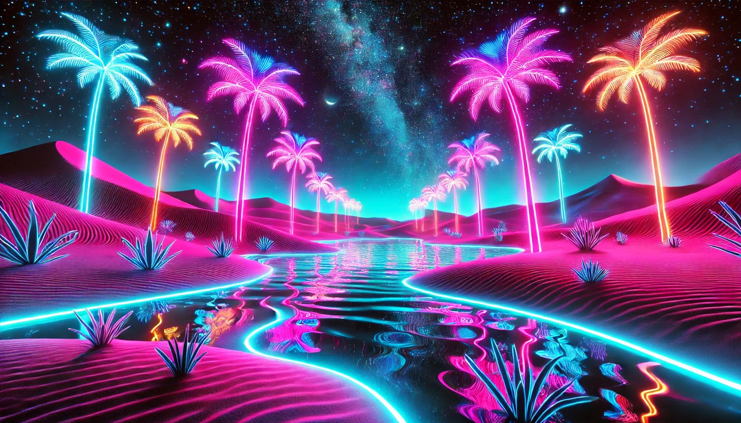 A vibrant and surreal desert oasis depicted in a neon lights style, with glowing, fluorescent palm trees and water reflecting bright neon pinks, blues, and purples. The sand dunes are illuminated with neon outlines, and the sky is a gradient of deep purple to black, filled with glowing stars. The oasis features futuristic glowing details such as a faint neon mist rising from the water. The atmosphere is otherworldly and dreamlike, blending natural elements with an electrifying neon aesthetic. The image is in a wide aspect ratio to emphasize the expansive, surreal landscape.