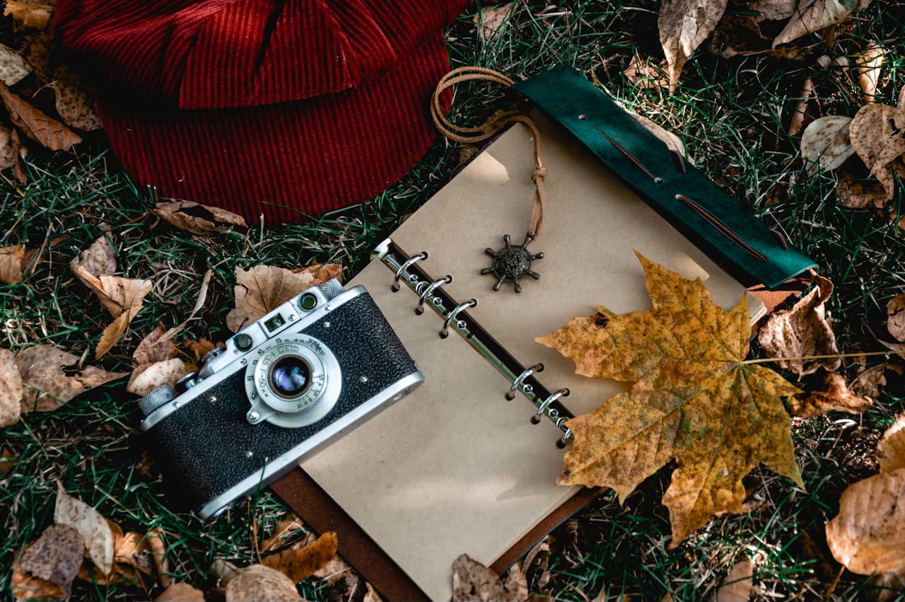 A journal in a teal cover lies open on leaf-filled grass next to a camera and two red cushions