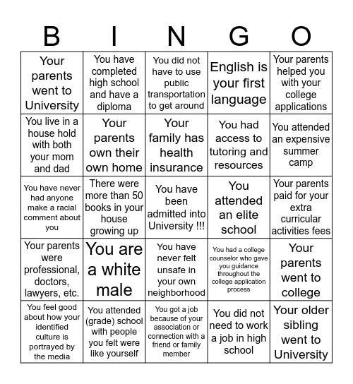 Privilege Bingo Card Privilege Bingo Card