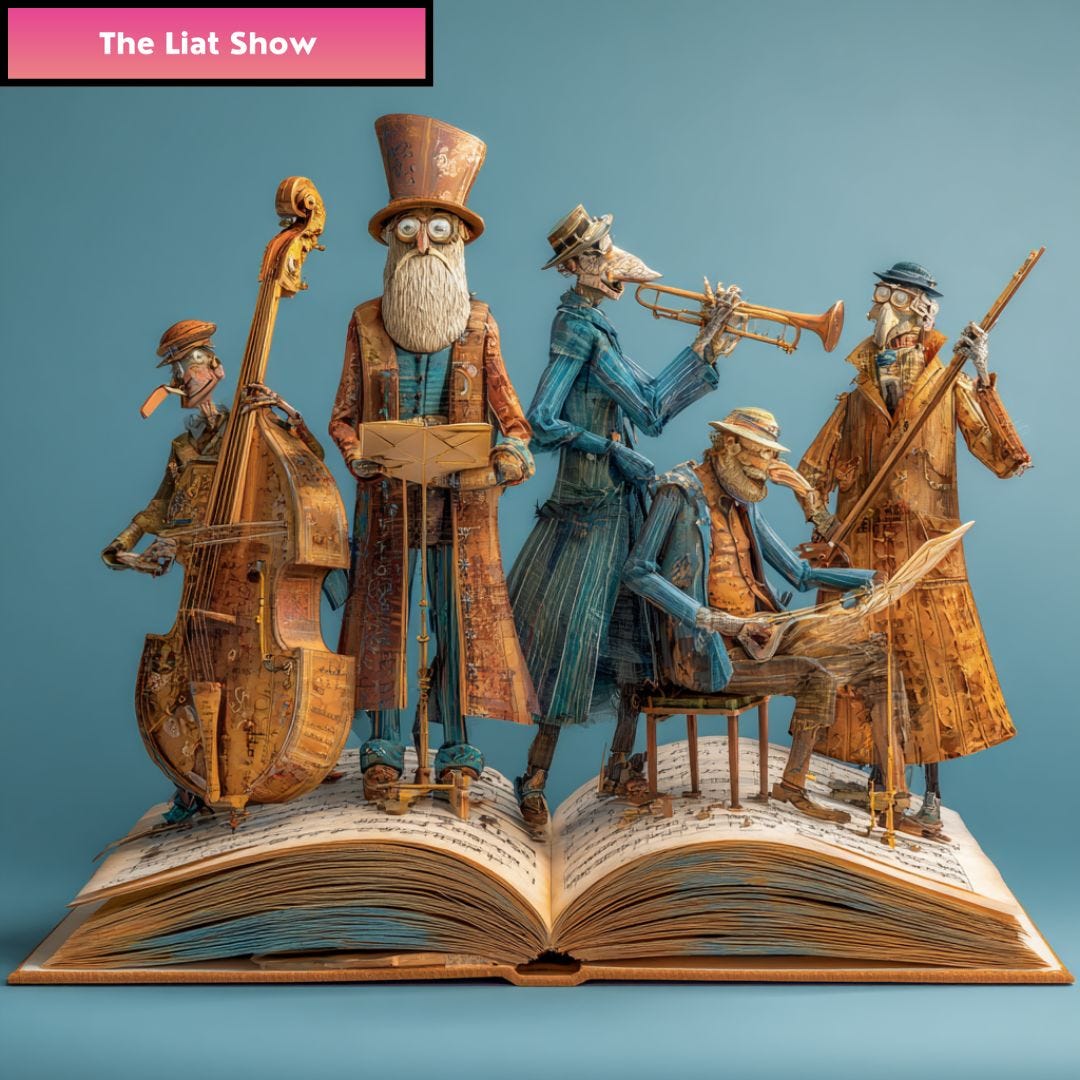 Liat Portal for The Liat Show, orchestra of stories illustration. Liat Portal for The Liat Show, a group of paper crafted musicians emerging from the pages of an open book. Each figure is made of sheet music and plays a different instrument. The image represents storytelling, imagination, and collaboration through art.