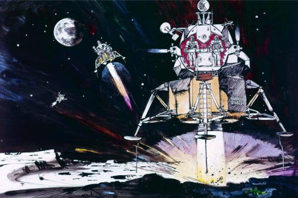 Robert McCall’s depiction of the final sequence of events for a lunar landing (Credit: Robert McCall) Robert McCall’s depiction of the final sequence of events for a lunar landing (Credit: Robert McCall)