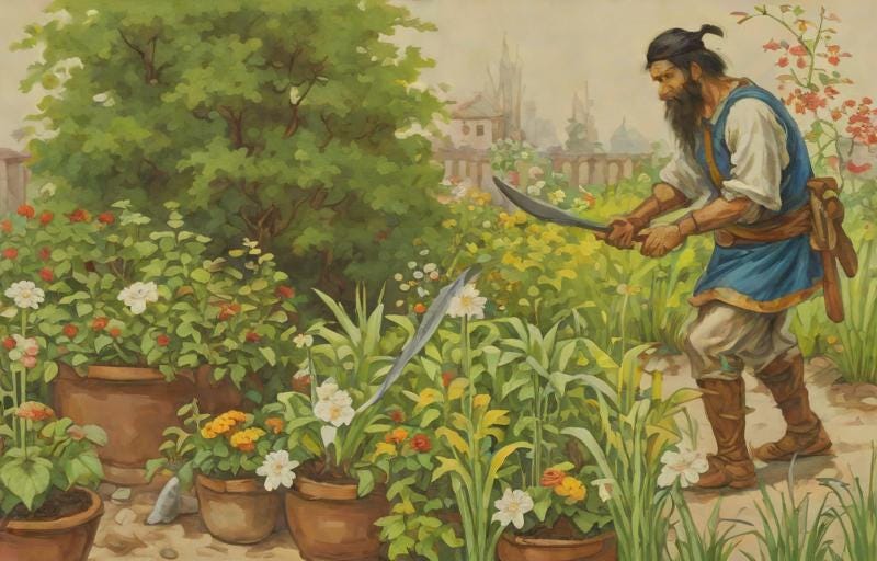 A warrior working in a garden