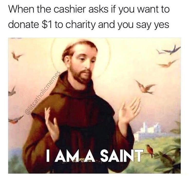 This may contain: an image of jesus holding his hands up in front of the words, when the cashier asks if you want to donate $ 1 to charity and you say yes