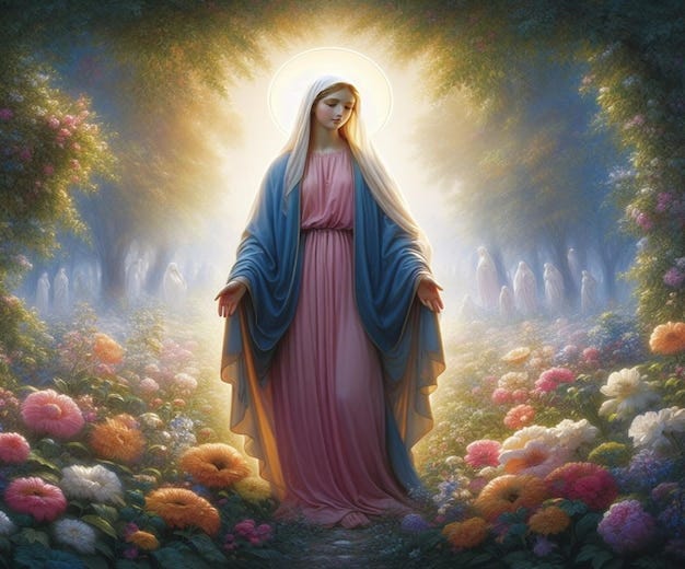 A painting of a virgin mary in a garden of flowers | Premium AI-generated image