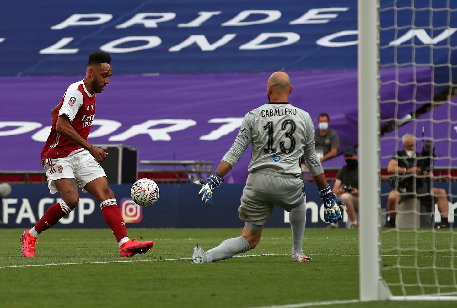 Pierre-Emerick Aubameyang pictured (left) scoring for Arsenal against Chelsea in the 2020 FA Cup final at Wembley Pierre-Emerick Aubameyang pictured (left) scoring for Arsenal against Chelsea in the 2020 FA Cup final at Wembley