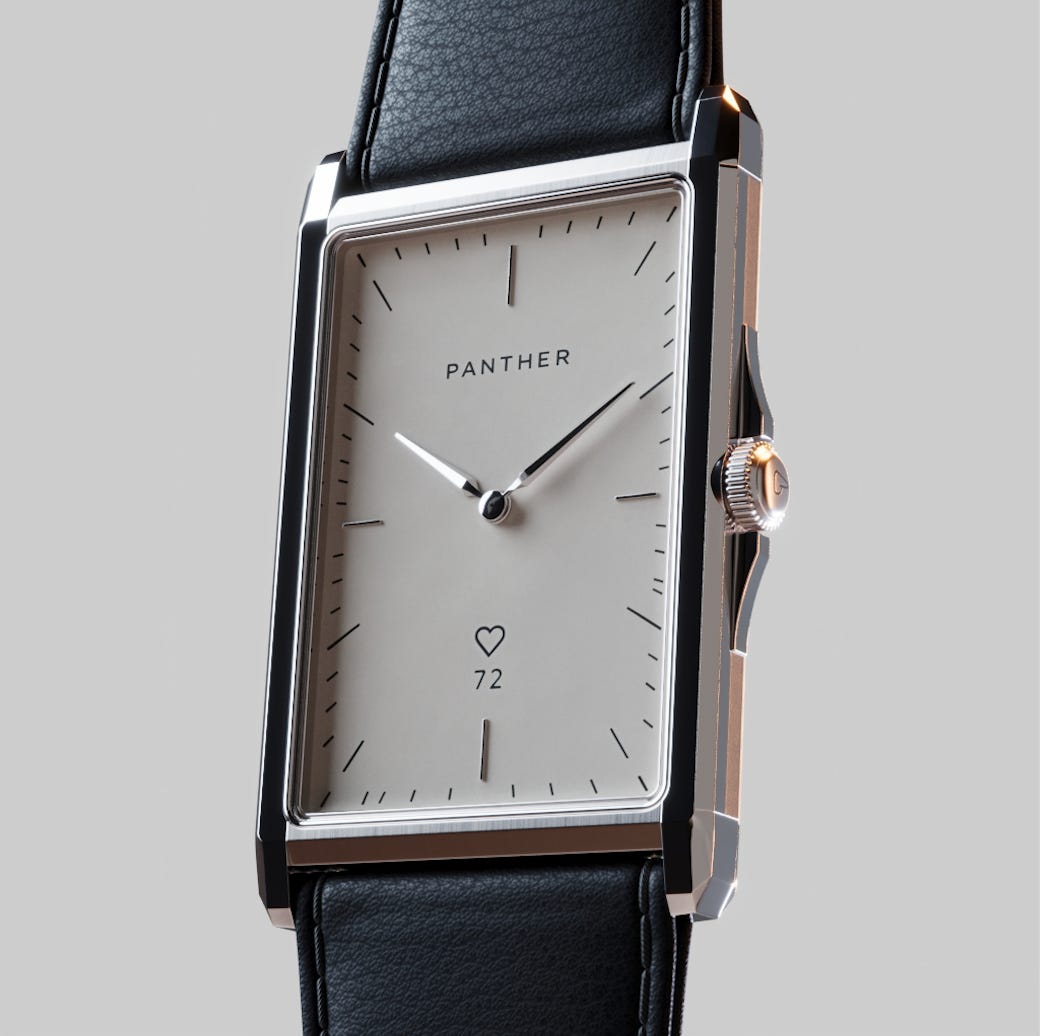 The Panther Solstice rectangular smartwatch with stainless steel case, cream dial, and black leather strap