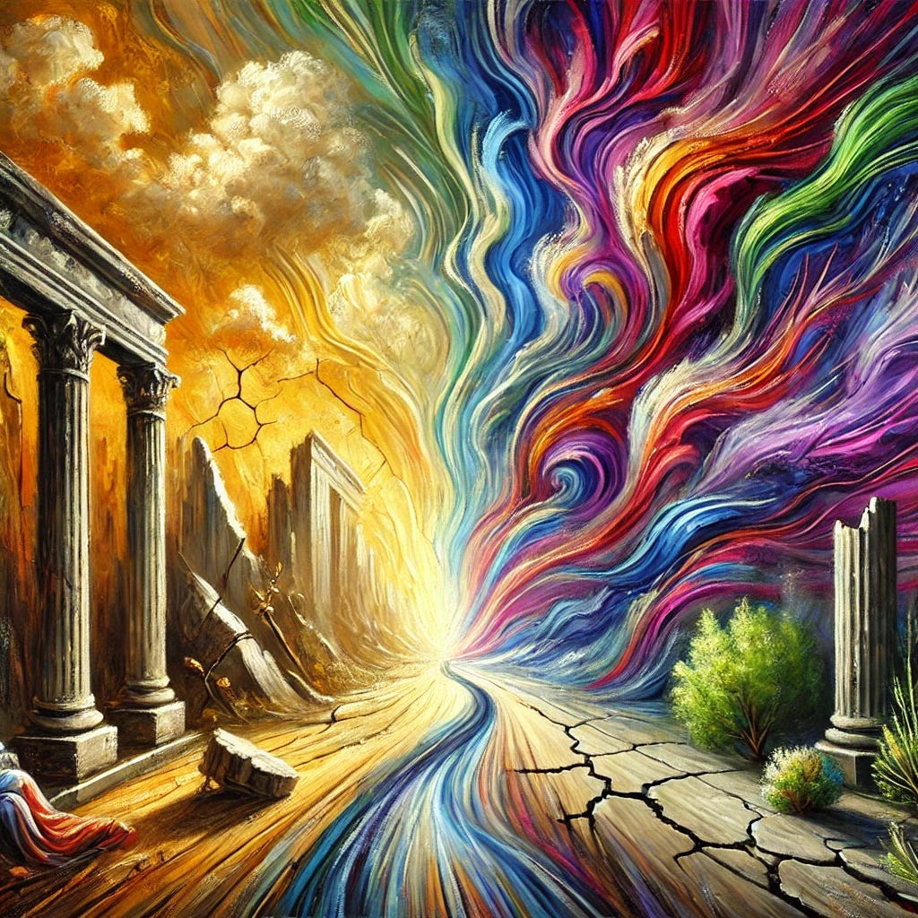 An impressionist oil painting depicting the shifting dynamics of modern society through vibrant, swirling brushstrokes. The foreground features cracked and weathered pillars symbolizing fragility and societal tension. The left side of the painting uses warm golden and green tones to represent order and an idealistic vision of progress, while the right side bursts with chaotic, expressive purples, reds, and blues, symbolizing conflict and challenges. A winding path runs through the center, blending the two sides, representing the evolving and uncertain journey of societal transformation. The painting has dynamic, flowing strokes and a dreamlike quality. An impressionist oil painting depicting the shifting dynamics of modern society through vibrant, swirling brushstrokes. The foreground features cracked and weathered pillars symbolizing fragility and societal tension. The left side of the painting uses warm golden and green tones to represent order and an idealistic vision of progress, while the right side bursts with chaotic, expressive purples, reds, and blues, symbolizing conflict and challenges. A winding path runs through the center, blending the two sides, representing the evolving and uncertain journey of societal transformation. The painting has dynamic, flowing strokes and a dreamlike quality.