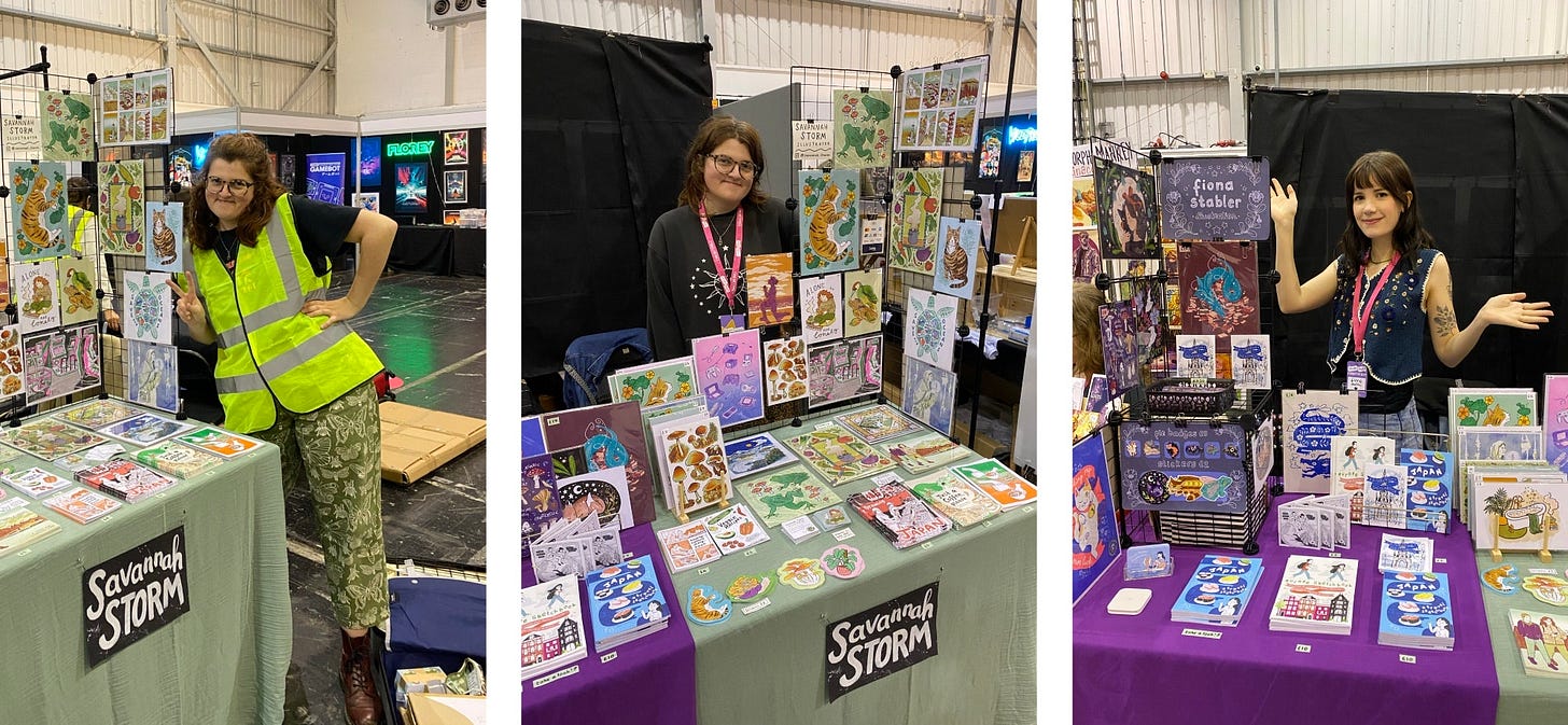 Stallholders at Thought Bubble comic convention in Harrogate, with stall setups selling art and illustration prints, books and zines.