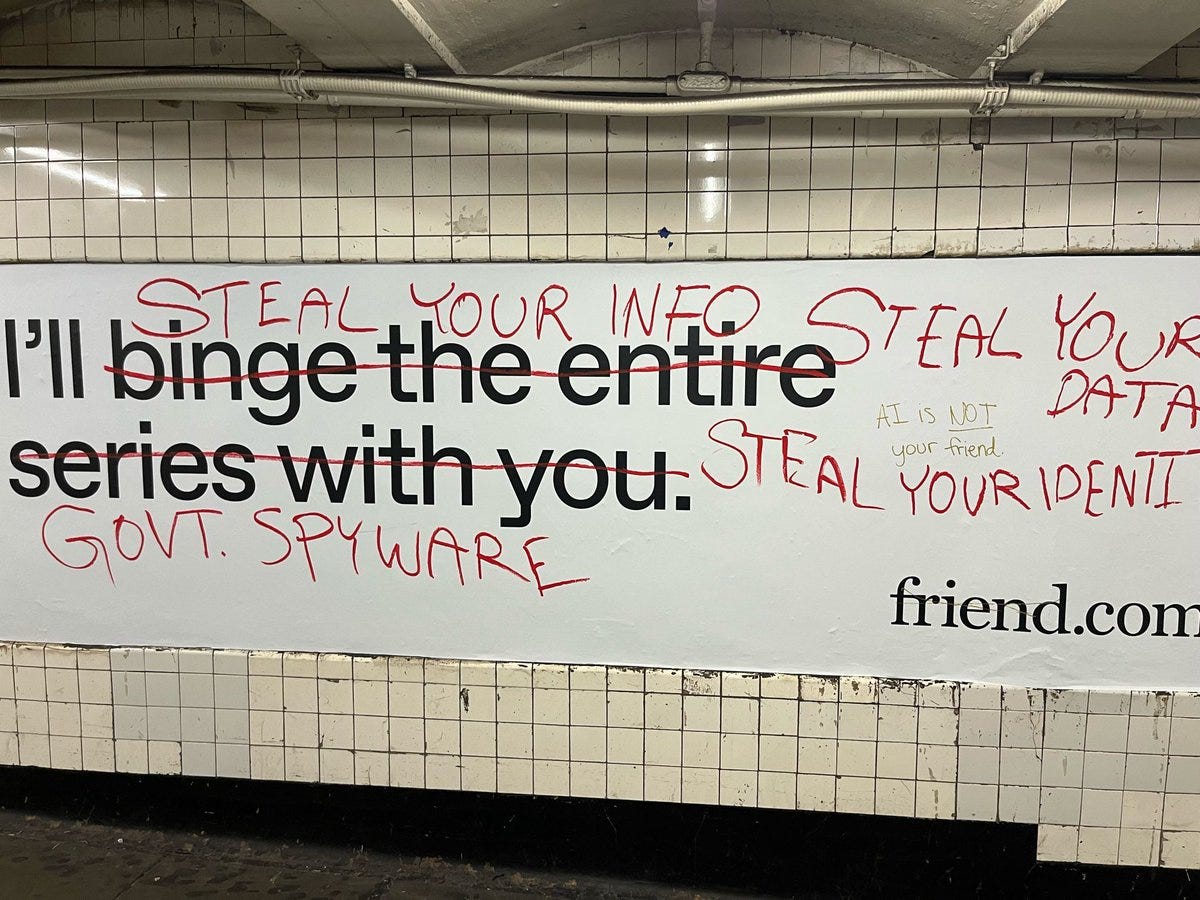 A large banner-style advertisement painted in red graffiti on white subway tiles reads in bold letters I will binge the entire series with you followed by Steal your info and Steal your identity with Govt spyware at the bottom and friend.com signature visible on the tiled wall background.