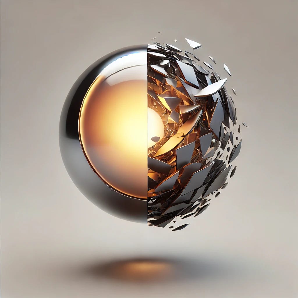 A figurative interpretation of 'Of meaning and unmeaning' represented as a singular item. The image features a dual-sided object: one side is a glowing, polished sphere symbolizing clarity and meaning, while the other side dissolves into fragmented, chaotic shards representing unmeaning. The object floats in a neutral space, with soft gradients transitioning between the warm gold tones of the sphere and the cool, shadowy grays of the shards. The style is conceptual, minimalist, and visually striking, evoking the interplay of comprehension and ambiguity.