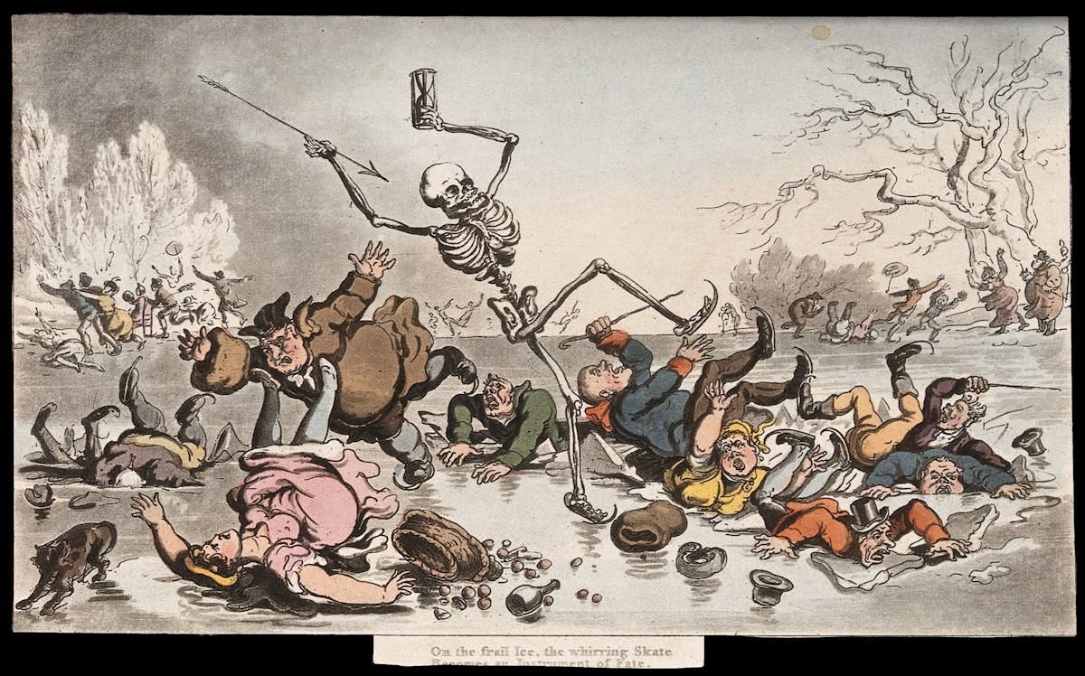 A skeletal figure holding an hourglass and spear skates on ice, causing chaos among skaters. A skeletal figure holding an hourglass and spear skates on ice, causing chaos among skaters.