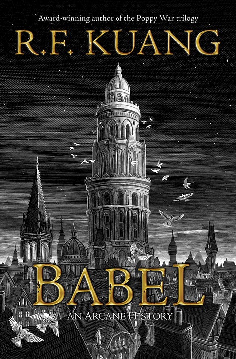 Cropped images of the covers for Lyorn (a dog with a long horn in the middle of its head), Ducks (a gigantic hauler with a young woman halfway up the ladder, looking at a desolate landscape) and Babel (a landscape of an Oxford that never was, focusing on the Translators college)