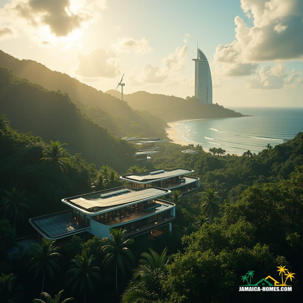 A majestic, eco-friendly resort in Jamaica's lush tropical landscape, seamlessly blending into the surrounding environment