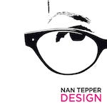 A single eye with an arched eyebrow wearing cat-eye glasses over the words “Nan Tepper Design” 