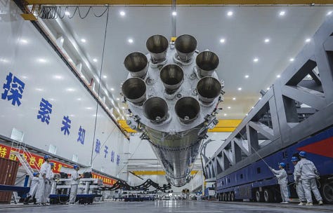 The Zhuque-3 first-stage booster test article ahead of the static fire test.
