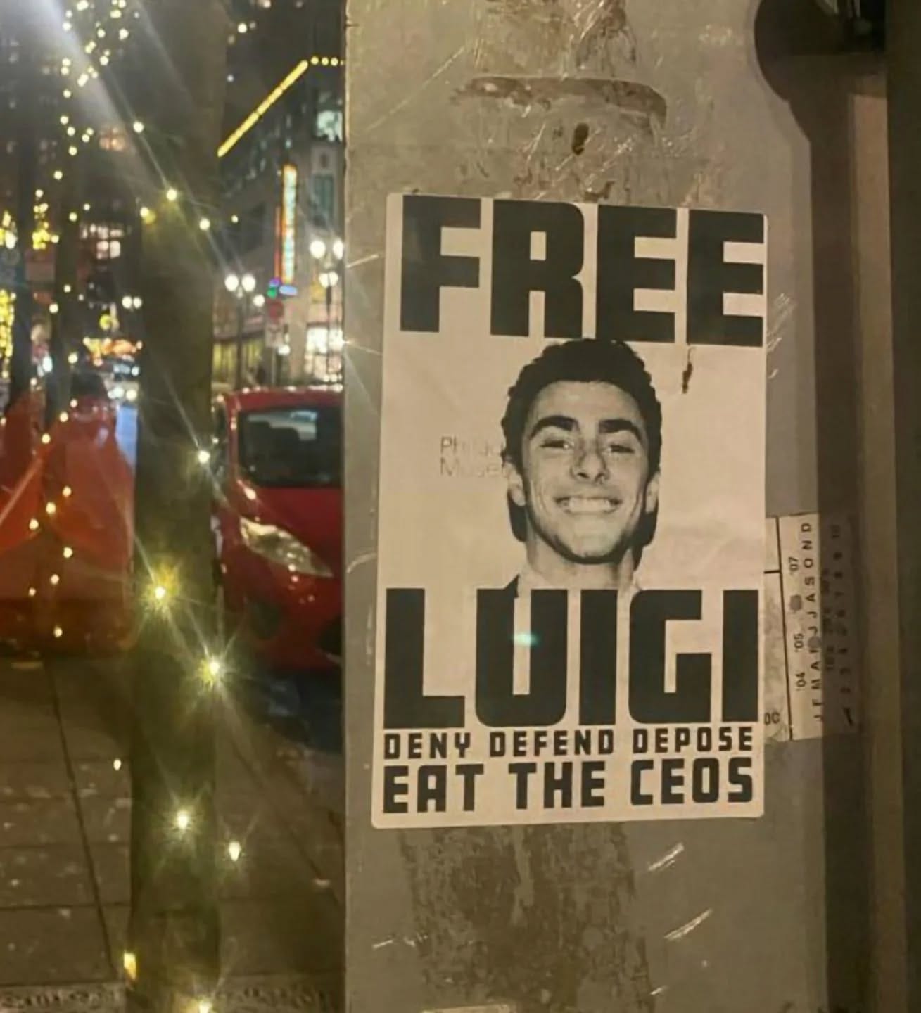 "FREE LUIGI. Deny, Defend, Depose. EAT THE CEOs" Sticker spotted in Portland, Oregon.