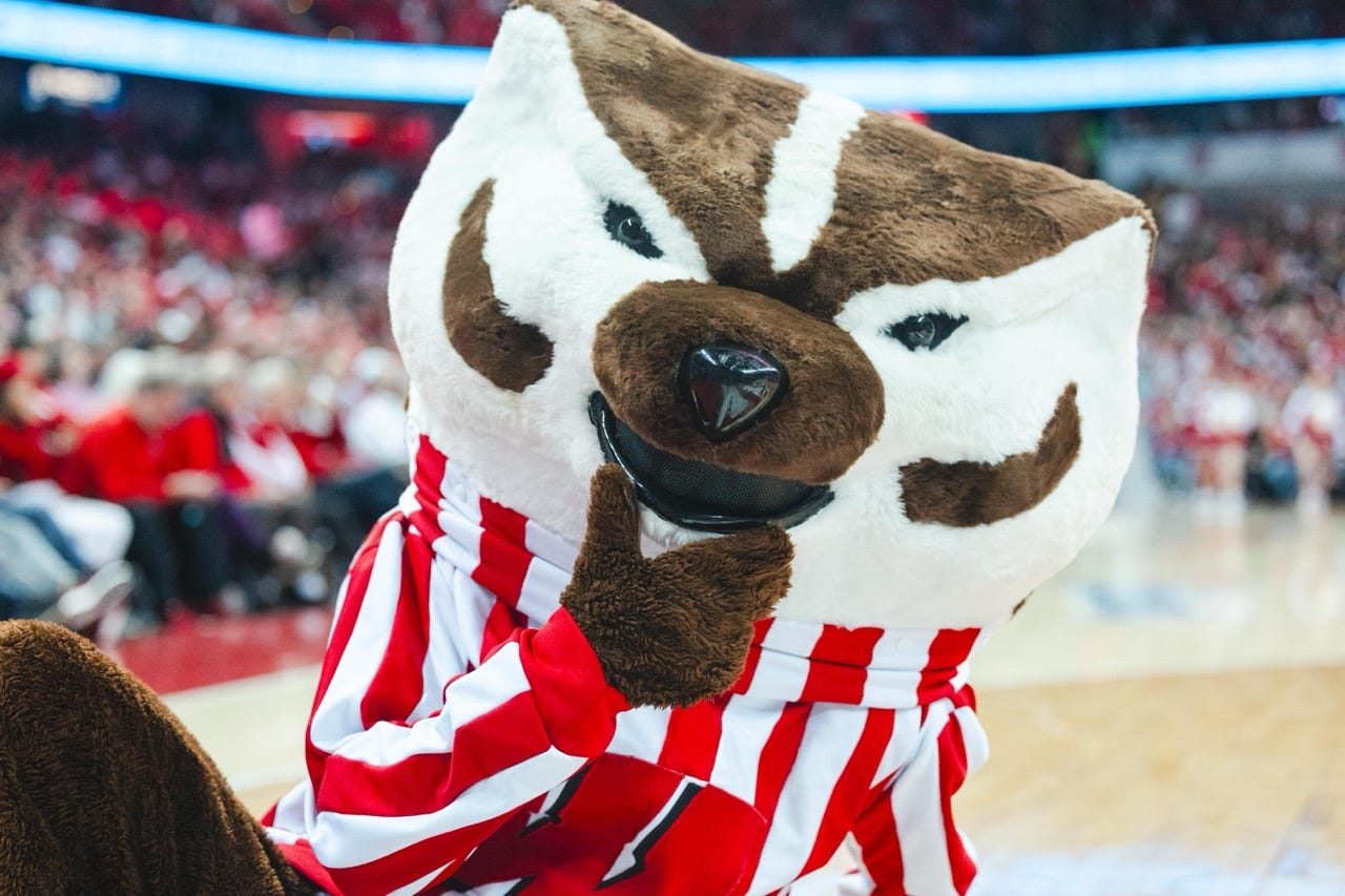 Wisconsin badgers mascot Bucky poses for a photo while seated and holding a hand to his face
