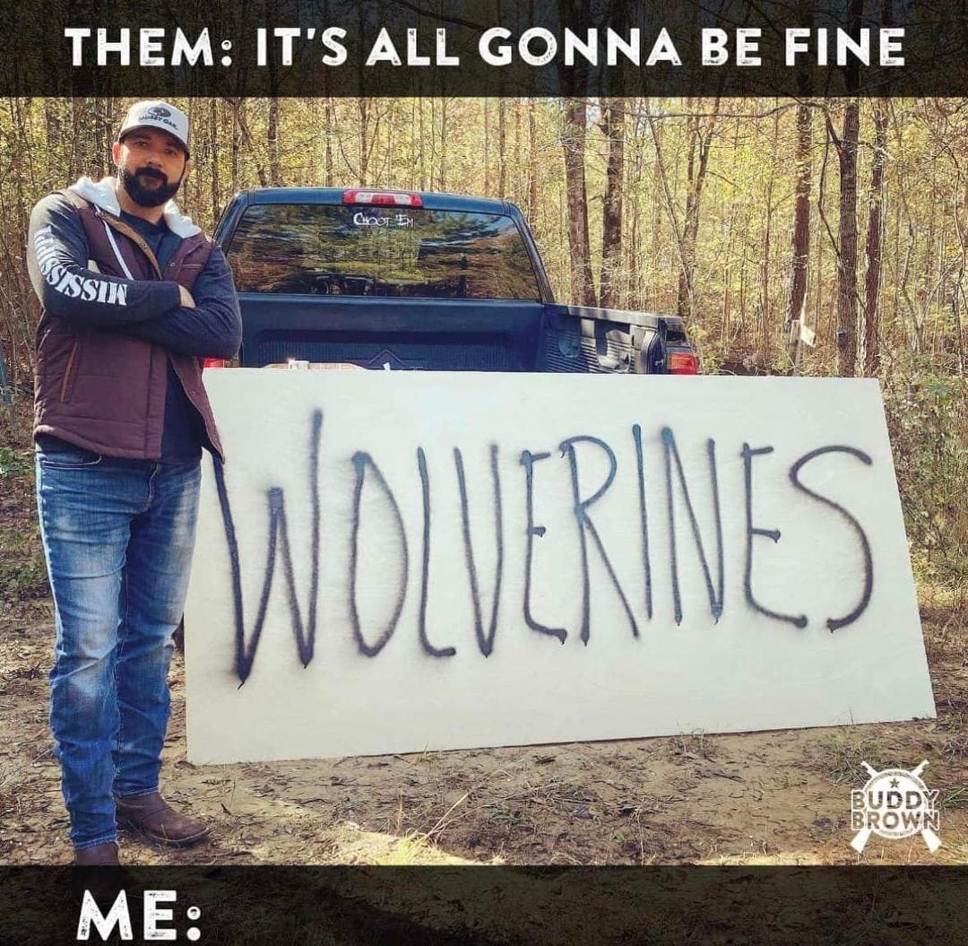 May be an image of 1 person, outdoors and text that says 'THEM: IT'S ALL GONNA BE FINE GOOn ISSI WOLVERINES ME: BROWN'